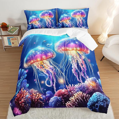 Kids Bedding Colorful Jellyfish Comforter Set,Water Coral Flash Bedding Full Size Comforter Sets for Girls Boys Room Decor,Marine Life Bedding Comforter Sets with 2 Pillowcases.