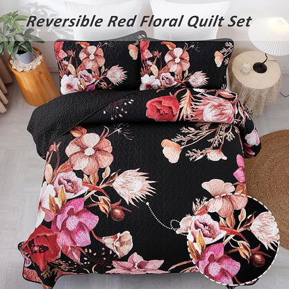 Floral Quilt Set Queen 3 Pieces Red Floral Quilt Coverlet Set Soft Microfiber Lightweight Black Quilted Bedspread for All Season 90"x96"