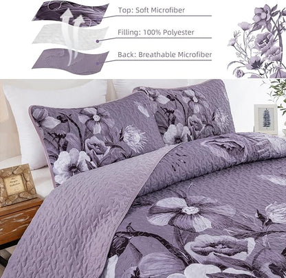 Floral Quilt Set King Size Bedding Set 3 Pieces Dark Purple Boho Floral Quilt Bedspread Soft Microfiber Lightweight Flower Coverlet Set with 2 Pillow Shams for All Season 90"x104"