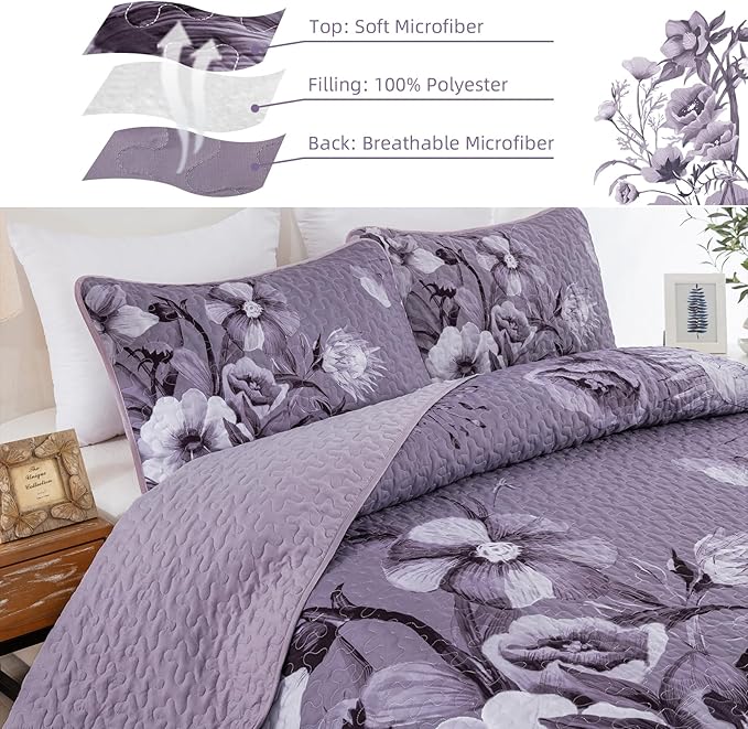 Floral Quilt Set Queen 3 Pieces Dark Purple Boho Flower Quilt Coverlet Set Soft Microfiber Lightweight Floral Quilted Bedspread with 2 Pillow Shams for All Season 90"x96"
