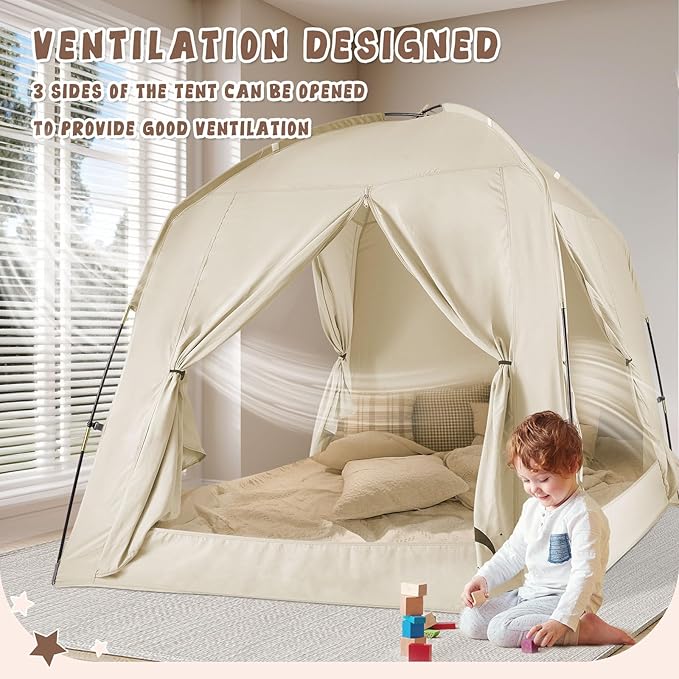 Bed Tents for Kids and Adult, Portable 100% Breathable and 85% Blackout Toddler Dream Play Tent, 3 Doors Big Privacy Space Sleeping Canopy for Floor or Twin Full Queen Sizes Bed (Khaki, Twin-Size)