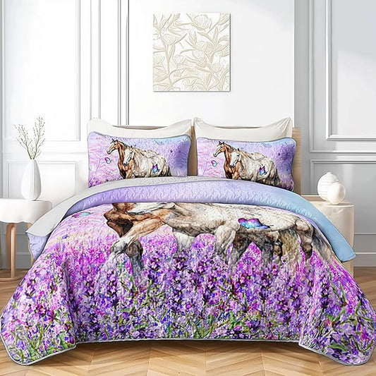 AILONEN Quilt Set King Size, Purple Floral Horse Soft Bed Cover Bedding Set for Kids and Adults, Farmhouse Lightweight Bedspread Coverlet with 2 Pillowcases All Season
