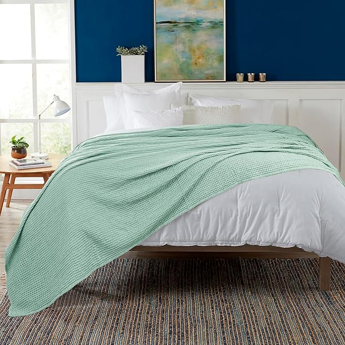 HILLFAIR 100% Combed Cotton Blanket– Queen Size Bed Blanket– Warm Soft All Season Breathable Lightweight Summer Blankets– Waffle Weave Home Decor Bed Blanket- Sage Queen Bed Cotton Blankets/Bedcover