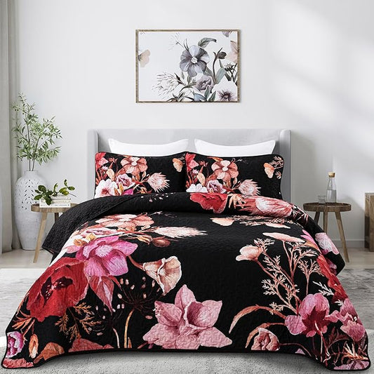 Floral Quilt Set Queen 3 Pieces Red Floral Quilt Coverlet Set Soft Microfiber Lightweight Black Quilted Bedspread for All Season 90"x96"