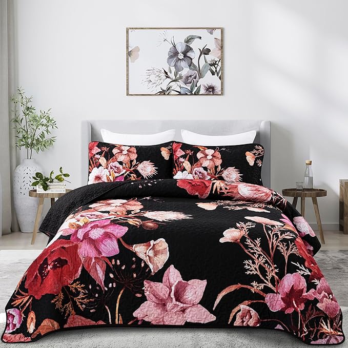 Floral Quilt Set King 3 Pieces Red Floral Quilt Coverlet Set Soft Microfiber Lightweight Black Quilted Bedspread for All Season 104"x90"