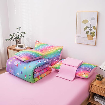 MWMWMW Girls Comforter Sets Queen, 6 Pcs Bed in a Bag Queen, Girls Queen Size Bedding Set, Kids Princess Comforter Set with 1 Comforter, 1 Flat Sheet, 1 Fitted Sheet, 1 Pillow Cover, 2 Pillowcases