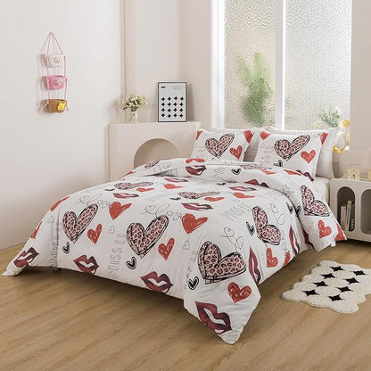 Caressma Heart Print Comforter Set Full Size, Lips Love Print Teens Romantic Comforter Sets for Girls, Red and Leopard Sexy Heart Pattern Bedding Comforter Set for Valentine's Day
