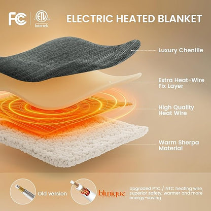 Heated Throw Blanket, 50"x60"Ultra Soft Cozy Chenille Electric Blanket with 10 Heating Levels & 2-10H Auto-Off, Fasting Heating for Couch/Bed, ETL Certified, Machine Washable(Grey)