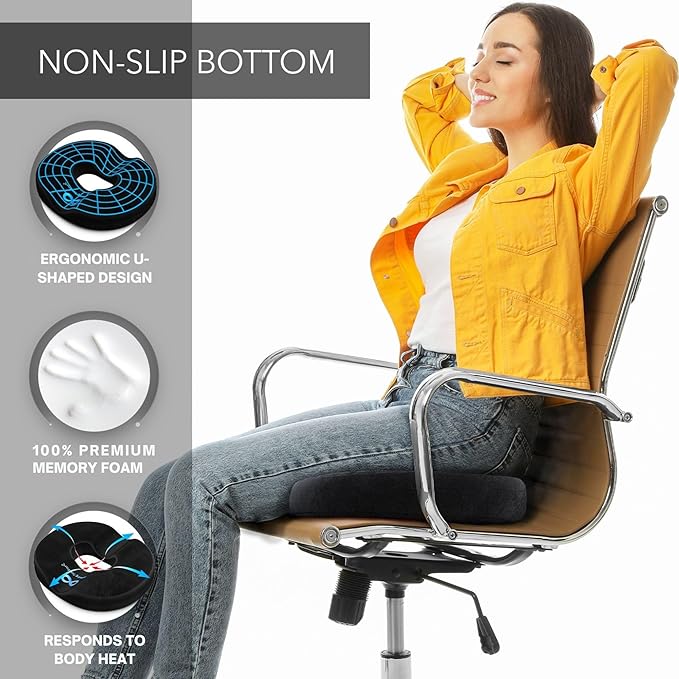 Everlasting Comfort Donut Pillow for Tailbone Pain Relief Ergonomic Seat Cushion - Hemorrhoid Pillow for Sitting- Ideal Memory Foam Coccyx Chair Cushion for Postpartum Pregnancy, Anti-Slip, Washable