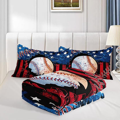 HOSIMA Baseball Comforter Set,Sports Comforter Sets for Boys Kids Teens Bedroom Decor,American Flag Comforter and Baseball Print Bedding Set with 2 Pillowcases,Full Size Comforter Sets.