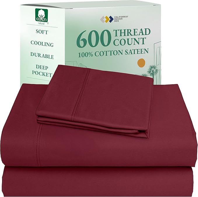 California Design Den 100% Cotton Twin Sheets Set - Luxury 600 Thread Count, Sateen Weave, Cooling Deep Pocket Sheets Twin Size Bed Set, Hotel Quality Silky Sheets - Brick Red