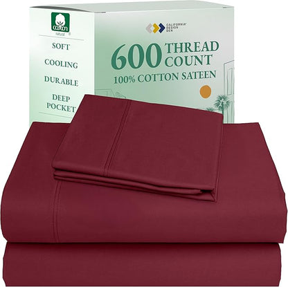 California Design Den 100% Cotton Twin Sheets Set - Luxury 600 Thread Count, Sateen Weave, Cooling Deep Pocket Sheets Twin Size Bed Set, Hotel Quality Silky Sheets - Brick Red