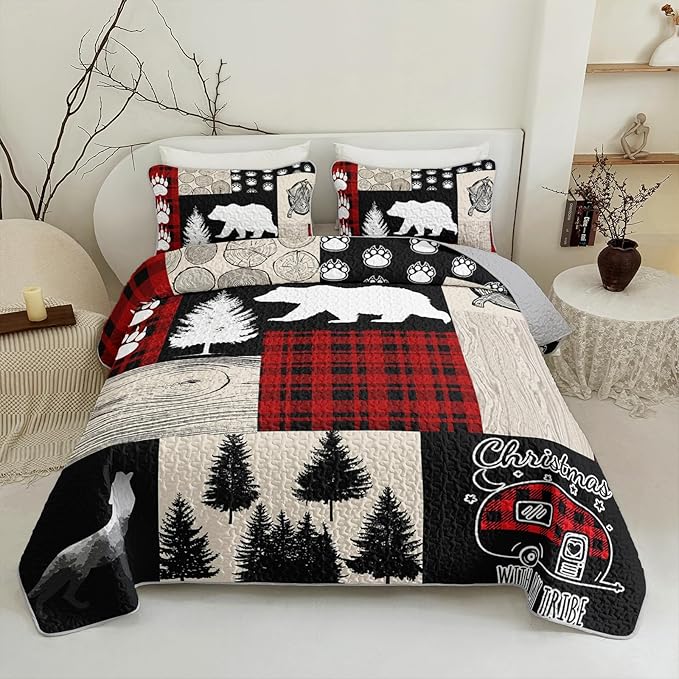 QOOMO Farmhouse Quilt Set Twin Size,Hunting Bedspread Coverlet Set,Bear 3Pcs Bedding Set Printed Quilt with 2 Pillowcases,Soft and Lightweight,for All Seasons