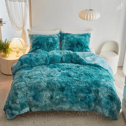 Wajade Faux Fur Plush Tie Dye Teal Comforter Set Fluffy Fuzzy Shaggy Bedding Set - 3PC Full/Queen Microfiber Soft Warm Quilt Set