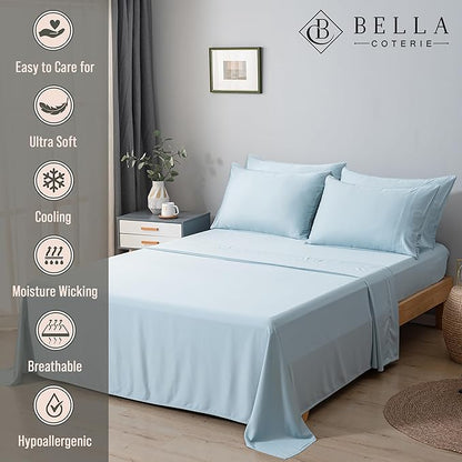 Bella Coterie 6 Piece Luxury Bamboo Viscose Queen Size Sheet Set | 100% Organically Grown | Cooling for Hot Sleepers | 18" Deep Pocket | Soft & Hypoallergenic | 4 Pillowcases [Coastal Blue]