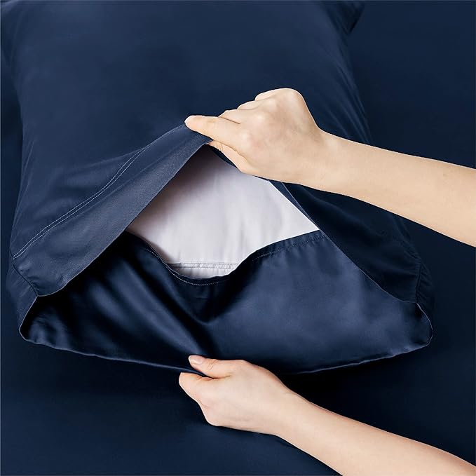 Bedsure California King Sheet Sets, Cooling Sheets for Hot Sleepers, Rayon Derived from Bamboo, Breathable & Soft, Deep Pocket Up to 16 Inches, Hotel Luxury Silky Bedding, Navy