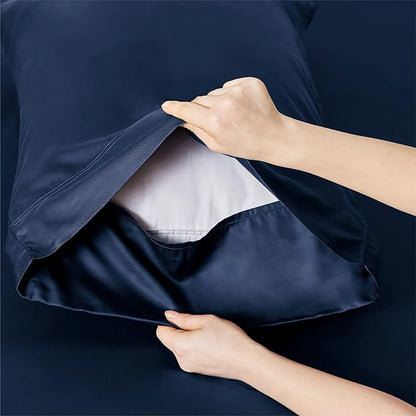 Bedsure King Size Sheets Set, Cooling Sheets for Hot Sleepers, Rayon Derived from Bamboo, Breathable & Soft, Deep Pocket Up to 16 Inches, Hotel Luxury Silky Bedding, Navy