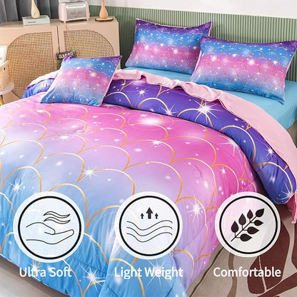 RYNGHIPY 6Pcs Teal Pink Sparkle Mermaid Comforter Sets Twin Size, 3D Rainbow Glitter Girls Bedding Sets, Ombre Pastel Fish Scale Bedding Collection Sets