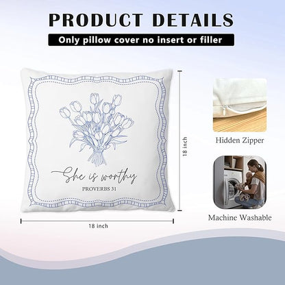 Proverbs 31 Christian Pillow Covers 18x18, Christian Gifts for Women Teen Girls, Blue Tulip Floral Bible Verse Scripture Throw Pillow Covers for Girls Room Dorm, Proverbs 31 Woman Gifts