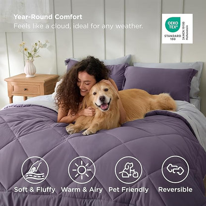 Bedsure Queen Comforter Set - 7 Pieces Reversible Grayish Purple Bedding, Queen Size Bed Set for All Seasons, Bed in a Bag with Down Alternative Comforter, Sheets, Pillowcases & Shams