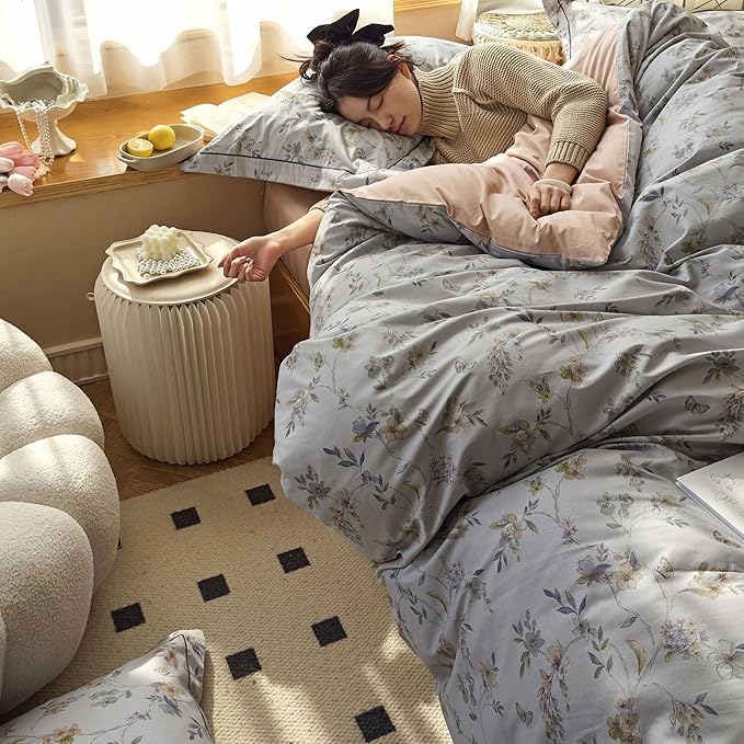 AOJIM Colorful Floral and Butterfly Pattern Duvet Cover Set for Girls Women, Comfy Cotton Comforter Cover Set 3pcs, 1 AB Sided Quilt Cover Full Size and 2 Matching Pillowcases for Room Decor, No Quilt