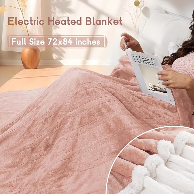 Electric Heated Blanket Full Size 72×84 inches, Cozy Plush Flannel,10 Hrs Auto Shut Off, 6 Heating Levels, Overheated Protection, Cozy Pink