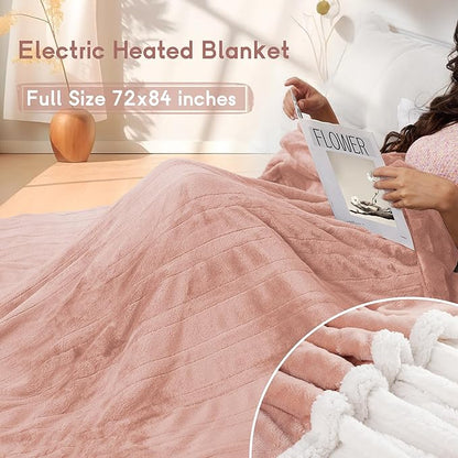 Electric Heated Blanket Full Size 72×84 inches, Cozy Plush Flannel,10 Hrs Auto Shut Off, 6 Heating Levels, Overheated Protection, Cozy Pink