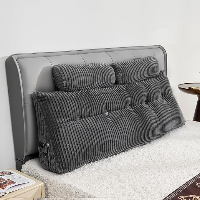 VEVOR Headboard Pillow, Queen Size Wedge Headboard Pillow with 2 Side Pockets and 2 Headrests, Bed Wedge Pillow with Washable Flannel Cloth, for Reading, Gaming, Resting, Working in Bed, Grey