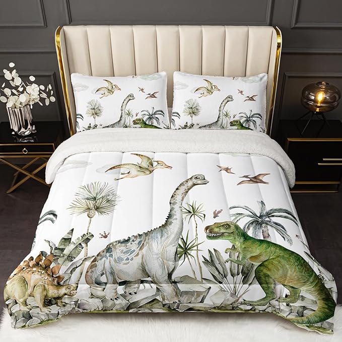 QOOMO Jurassic Period Dinosaurs Sherpa Comforter Set King, Primitive Senling Sherpa Fleece, Plush and Warm Bedding Comforter Sets, Down Alternative Ultra Soft and Cozy Comforter Set for Boys, 3-Piece