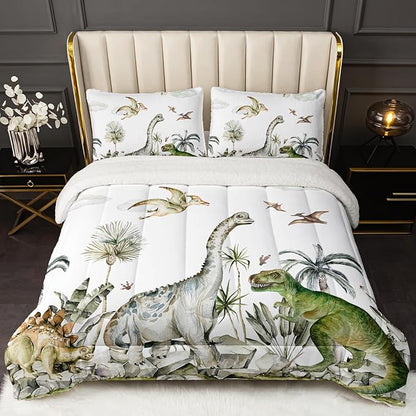 QOOMO Jurassic Period Dinosaurs Sherpa Comforter Set King, Primitive Senling Sherpa Fleece, Plush and Warm Bedding Comforter Sets, Down Alternative Ultra Soft and Cozy Comforter Set for Boys, 3-Piece