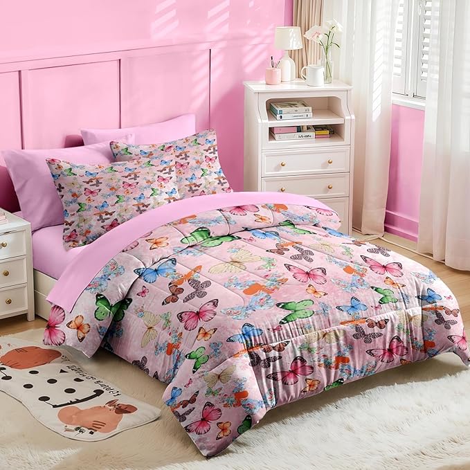 Nesker 5 Pcs Comforter Set Twin Size, Colorful Butterfly Bedding for Kids Teen, Cute Butterflies Bed Sheet with Pillowcase & Sham