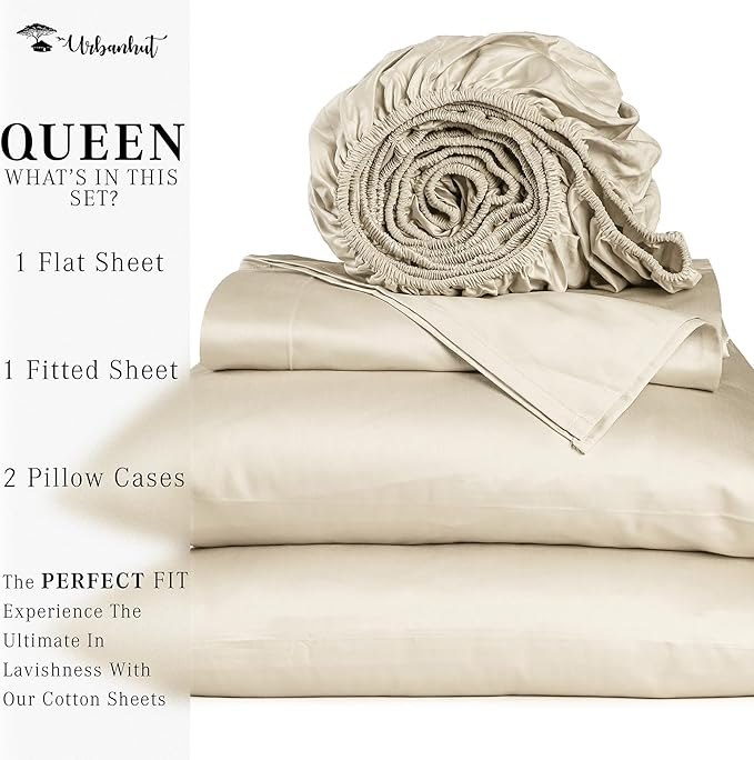 URBANHUT 1000 Thread Count Queen Sheets Set Egyptian Cotton, Long Staple Soft & Breathable, 4 Pc Bed Sheet Sets for Queen Size Bed, Luxury Hotel Sateen Sheets Fits 16" Deep Pocket - Ivory New