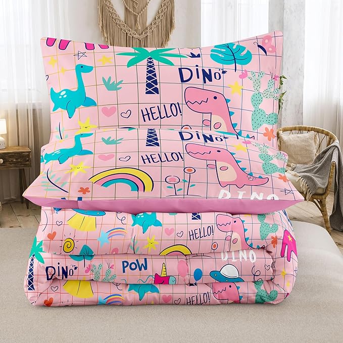 Peopleareok Cartoon Dinosaur Comforter Set Twin (68x86 Inch) for Girls, 2 Pieces Dinosaur Bedding Set for Girls Teens, Super Soft Lightweight for All Seasons, 1 Quilt 1 Pillow Cases