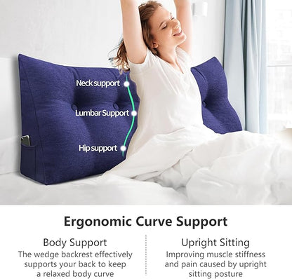 Wedge Pillow Headboard Reading Pillow for Sitting Up in Bed Adult Backrest Large Triangle Bolster Pillow for Couch Daybed Cushion Lumbar Body Support Leg Positioning（Blue, King）