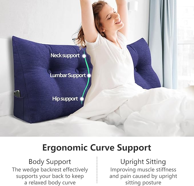 Wedge Pillow Headboard Reading Pillow for Sitting Up in Bed Adult Backrest Large Triangle Bolster Pillow for Couch Daybed Cushion Lumbar Body Support Leg Positioning（Blue, Twin）