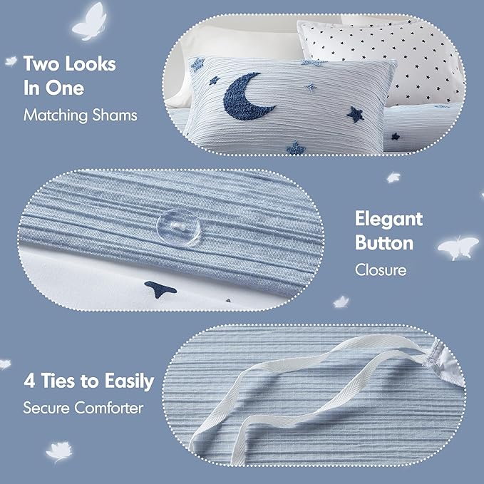 Intelligent Design Kids Cosmos Twin Size Duvet Set – Blue Star and Moon Tufted Chenille, Reversible 2-Piece Bedding with Star Pillow