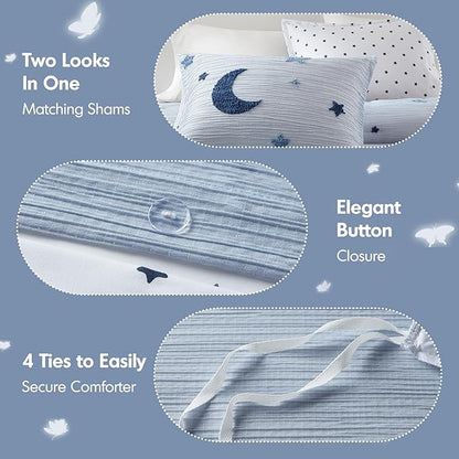 Intelligent Design Kids Cosmos Twin Size Duvet Set – Blue Star and Moon Tufted Chenille, Reversible 2-Piece Bedding with Star Pillow