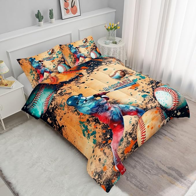 Kids Comforter Set Trend Baseball Printed Pattern Bedding Set with 1 Comforter and 2 Pillowcases for Girls Boys Bedroom All Season(Trend Baseball Queen)