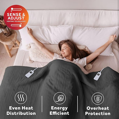 Sunbeam Electric Royal Luxe Microplush Heated Blanket, 12 Heat Settings, 12-Hour Auto Shut-Off, Fast Heating, Warm & Cozy, Machine Washable, Night Fog Color, Queen (90" x 84")