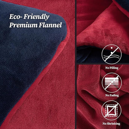 Petrichor Velvet Flannel Queen Comforter Set- Red and Navy Blanket,Luxury Fuzzy Heavy Bedding Set, 3 Pieces Plush Winter Bed Set with Comforter (90"x90") & 2 Pillow Shams (20"x26")