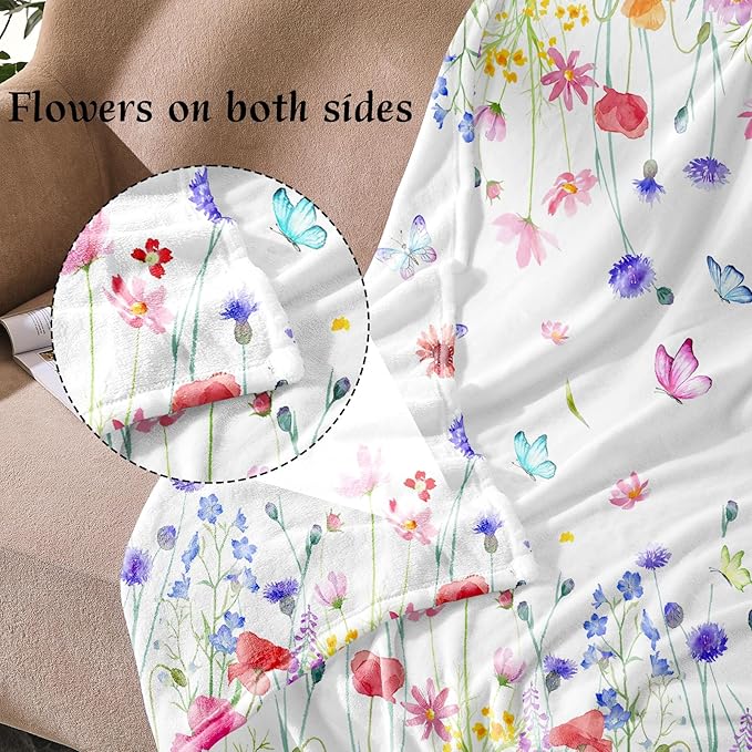 Floral Throw Blanket Birthday Gift for Women Mom Girls Butterfly Flowers Blanket Summer Wildflower Flannel Blanket Watercolor Printed Throw for Couch Sofa Bed Chair 50"x60"