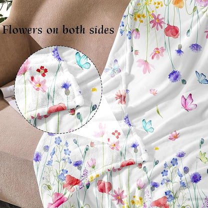 Floral Throw Blanket Birthday Gift for Women Mom Girls Butterfly Flowers Blanket Summer Wildflower Flannel Blanket Watercolor Printed Throw for Couch Sofa Bed Chair 60"x80"