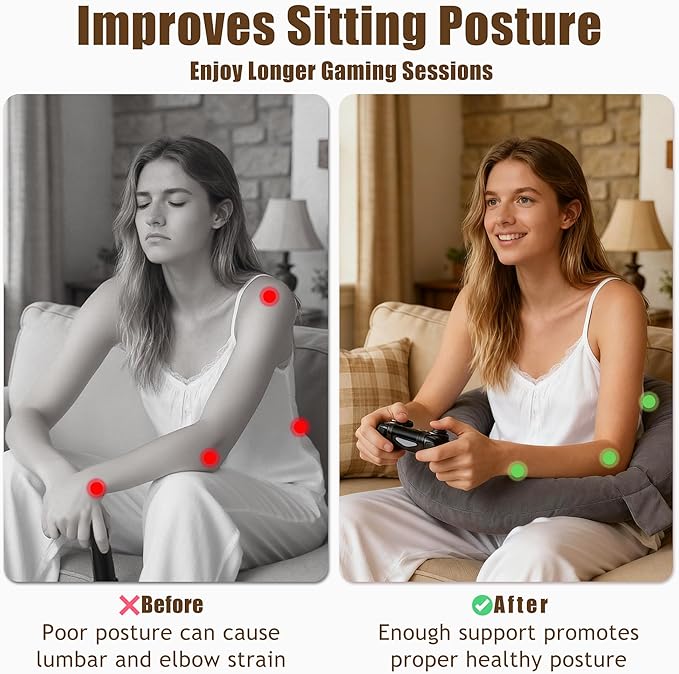 XWZO Reading Pillow for Gaming, Crocheting or Playing with Strong Arm Support, Gaming Pillow for Arm Rest When Sitting in Bed & Sofa, Lap Pillow Swen with Tiebacks and Side Pocket, Grey