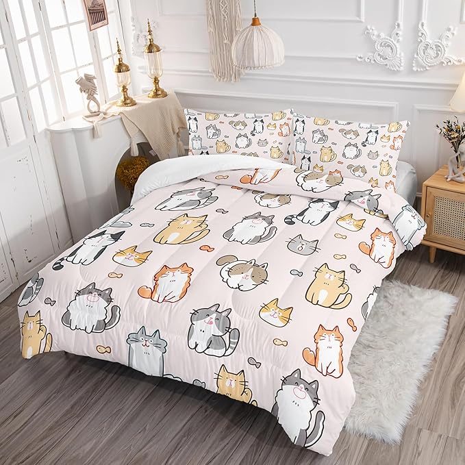 Kids Cute Cat Comforter Set Full Size 3Pcs Cartoon Pet Cat Fishing Bedding Set Lovely Animal Quilt Bed Set for Children Girls Boys Room Decor