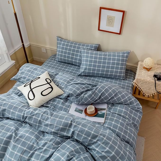BuLuTu Blue White Plaid Duvet Cover Full 100% Washed Cotton Comforter Cover Set Modern Buffalo Plaid Bedding Set for Kids, Grid Gingham Duvet Cover and 2 Pillowcases for All Seasons