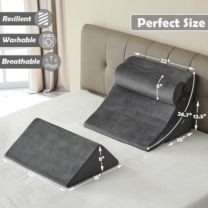 Ganaver 4pcs Orthopedic Bed Wedge Pillow Set Post Surgery Relaxing Back Adjustable Head Support Cushion Triangle Memory Foam Pillow for Acid Reflux Sleeping Reading Leg Elevation Snoring