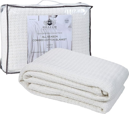 HILLFAIR 100% Combed Cotton Blanket– Twin XL Bed Blanket– Soft Cozy Warm Multipurpose Throws for Luxury Home Decor– 66 x 90 inch Twin XL Size Cotton Blankets for Bed Blankets for All Season- Ivory