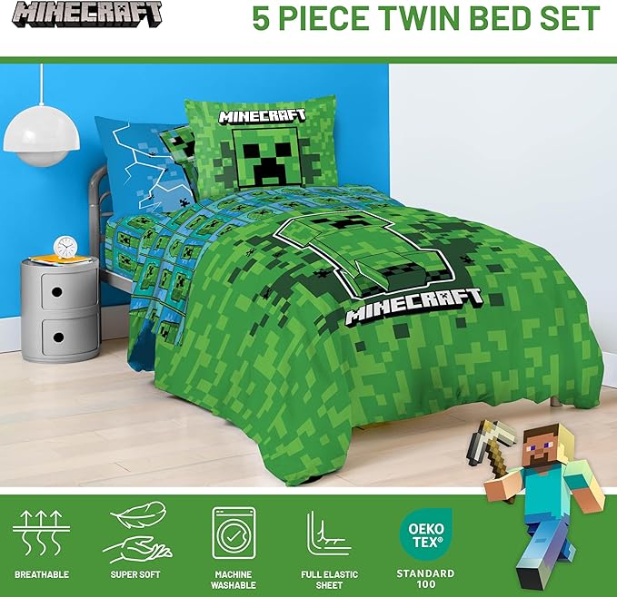 Jay Franco Kids Comforter Set Includes Sheets and Pillow Covers - Soft and Cozy Bed Set for Stylish Room Decor, Green - Minecraft Creeper, 5 Piece Twin Size Bedding