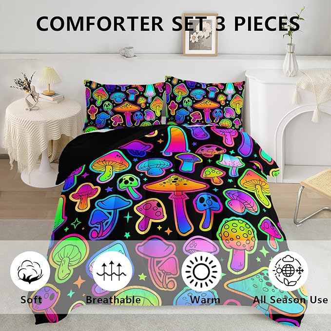 Axolotl Mushroom Kids Bedding Comforter Set King,3Pcs Colorful Gradient Mushroom Quilt Set,Cartoon Botanical Plants Bedding with 1 Comforter 2 Pillowcases for Boys Girls Teens Adults All Season