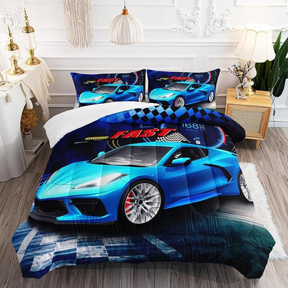 AILONEN Blue Racing Car Comforter Set,Extreme Sports Car Bedding Set for Boys,Teens Full Size, Automobile Cool Duvet Set,3-Piece,1 Quilt and 2 Pillowcases